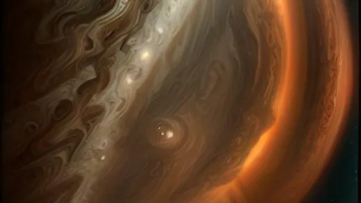 Juno spacecraft flying close to Jupiter's swirling cloud tops, vivid orange, white and brown gas bands, dramatic sunlight, highly detailed turbulent storms, cinematic space photography, ultra high resolution