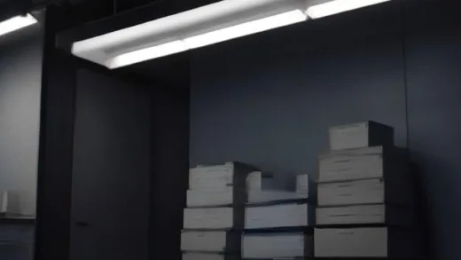 Korean police station report desk with piles of case files and folders stacked high, a frustrated citizen waiting, dark moody lighting, realistic documentary style, wide shot