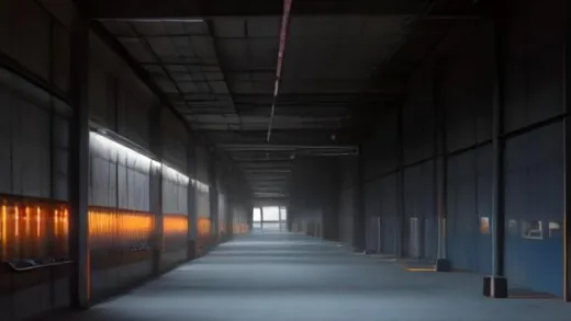 Massive concrete data center interior stretching like a football field, tens of thousands of spinning cooling fans and rows of glowing server racks, cold blue LED lights contrasting with hot orange heat glow, industrial atmosphere, cinematic wide-angle photorealistic shot