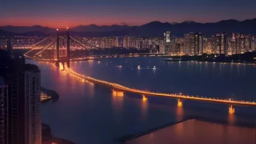 Modern infographic-style illustration of Busan city skyline at dusk with Gwangan Bridge, glowing gold coins and gift boxes representing 200,000 KRW support payments, warm orange and deep blue tones, professional news editorial style, clean composition