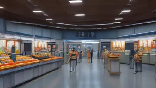 Panoramic view of a vast Chinese humanoid robot training facility, rows of humanoid robots in realistic supermarket, home kitchen and factory production line settings, human trainers wearing VR headsets demonstrating actions, cool blue and warm orange cinematic lighting, photorealistic, 2026