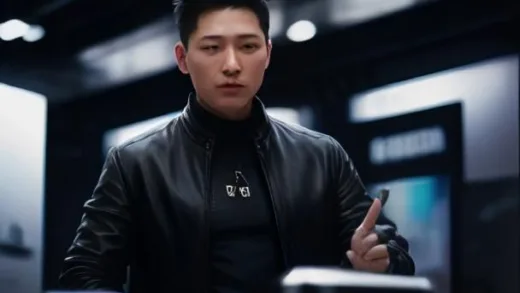 Photorealistic scene of Jensen Huang in a black leather jacket signing 'Please make more' with a silver marker on a large circular HBM4 silicon wafer displayed on a white pedestal at a crowded tech trade show booth, senior executives in suits standing beside him, bright exhibition spotlights, shallow depth of field, cinematic editorial photography style