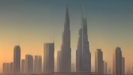 Photorealistic view of Burj Khalifa in Dubai at golden hour with desert sand dunes in foreground, ultra-tall reinforced concrete skyscraper, subtle cross-section overlay showing concrete core and rebar, architectural photography, dramatic warm lighting, ultra detailed