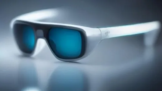 Professional product photography of sleek futuristic AI smart glasses with subtle LED indicators on a clean white studio backdrop, soft reflection, blurred market growth bar charts in the background, tech editorial style, high detail