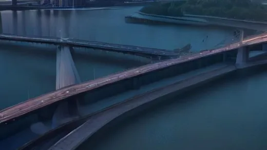 Satellite view of a massive traffic jam on a bridge connecting a peninsula to mainland, cars stretching for kilometers, empty lanes on the opposite side, high resolution, aerial view, sunset light, 2026.