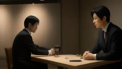 Two Korean professional Go players in suits sitting face to face across a wooden Go board in a modern TV studio, warm studio lighting, one older man in his 40s and one younger man in his 20s, deep concentration, photorealistic, cinematic depth of field