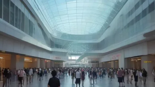 Wide cinematic shot of a bustling modern Korean shopping mall atrium on a scorching summer day in 2026, large crowds of families and young people enjoying air conditioning, sunlight blazing through a glass ceiling, vibrant retail storefronts and escalators, photorealistic, high detail